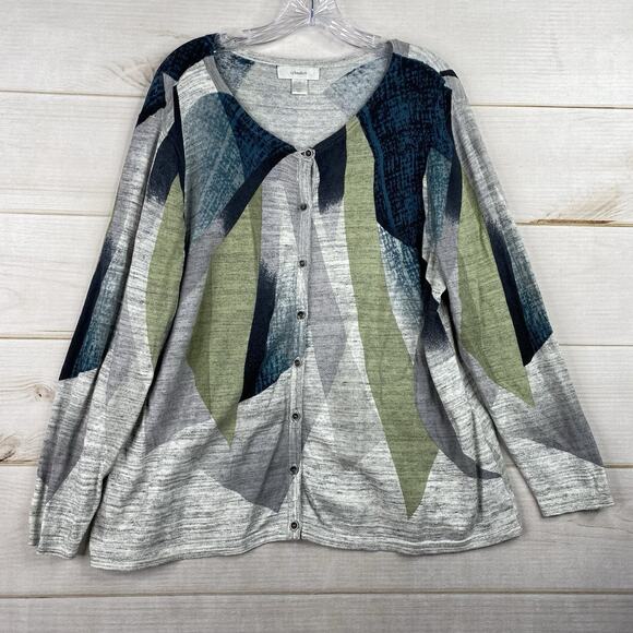 CJ Banks Cardigan Sweater Womens 1X Button Up Gray Green Long Sleeve Artsy Boho - Picture 1 of 8